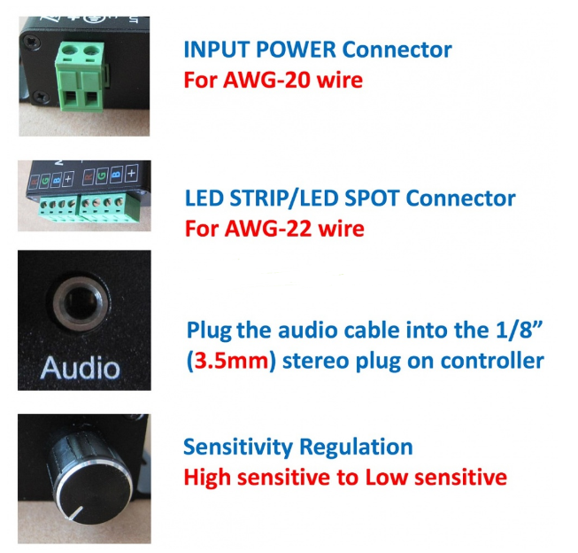 Sound/Music Sensitive RGB LED Controller 12V-24VDC 12Amp Black Aluminum Housing Controller with 24 Keys IR Remote for RGB LED Strip Lights - LEDStrips8
