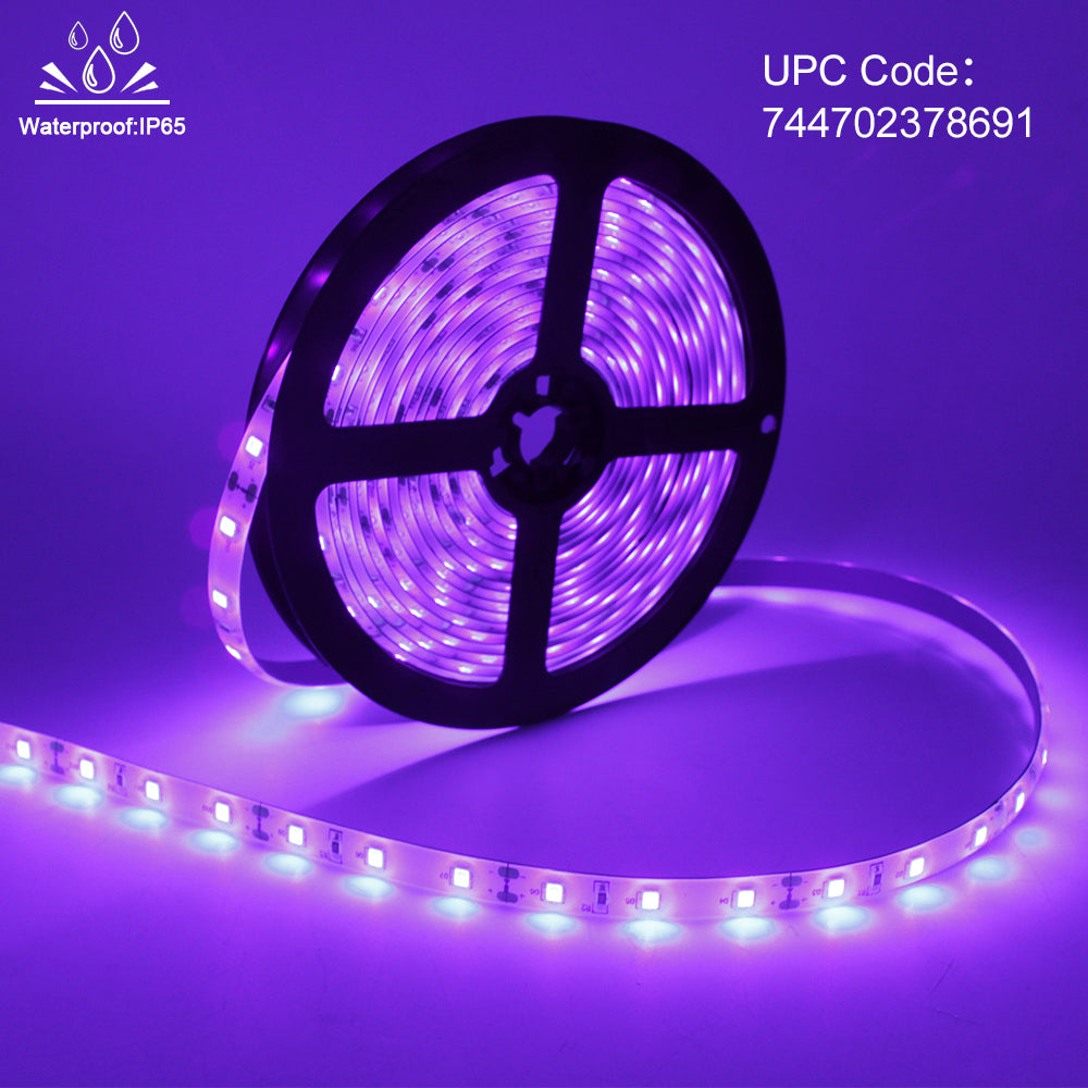 60W UV LED Light Strip Waterproof Blacklights 16.4ft/5M 3528SMD 300LED Ultraviolet Light for Party Night Fishing with 12V 5A Power Supply