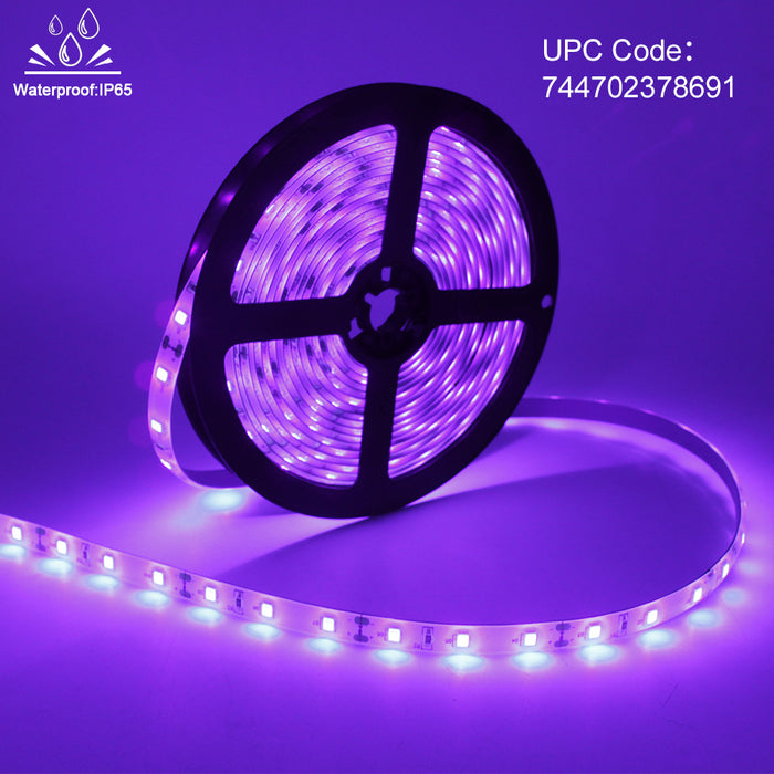 60W UV LED Light Strip Waterproof Blacklights 16.4ft/5M 3528SMD 300LED Ultraviolet Light for Party Night Fishing with 12V 5A Power Supply