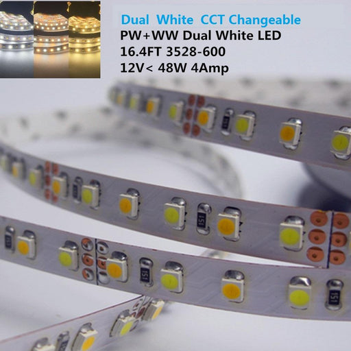 12VDC SMD3528-600-PWW Dual White Color Temp-Adjustable Flexible LED Strip Light 120 LEDs Per Meter - LEDStrips8