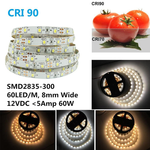 High CRI > 90 DC 12V Dimmable SMD2835-300 Flexible LED Strips 60 LEDs Per Meter 8mm Width 1000lm Per Meter - LEDStrips8