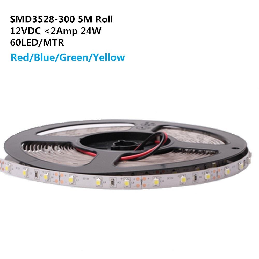 DC 12V Red/Blue/Green/Yellow Dimmable SMD3528-300 Flexible LED Strips 60 LEDs Per Meter 8mm Width 300lm Per Meter - LEDStrips8