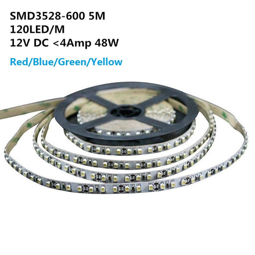 DC 12V Red/Blue/Green/Yellow Dimmable SMD3528-600 Flexible LED Strips 120 LEDs Per Meter 8mm Width 600lm Per Meter - LEDStrips8