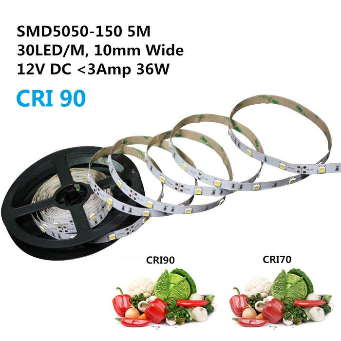 High CR I> 90 DC 12V Dimmable SMD5050-150 Flexible LED Strips 30 LEDs Per Meter 10mm Width 450lm Per Meter - LEDStrips8