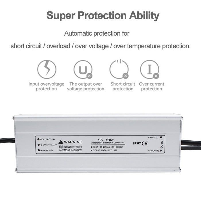 110VAC to 12VDC 10Amp 120W Waterproof IP67 LED Power Supply Outdoor Use w/ US 3.3FT 3-Prong Plug