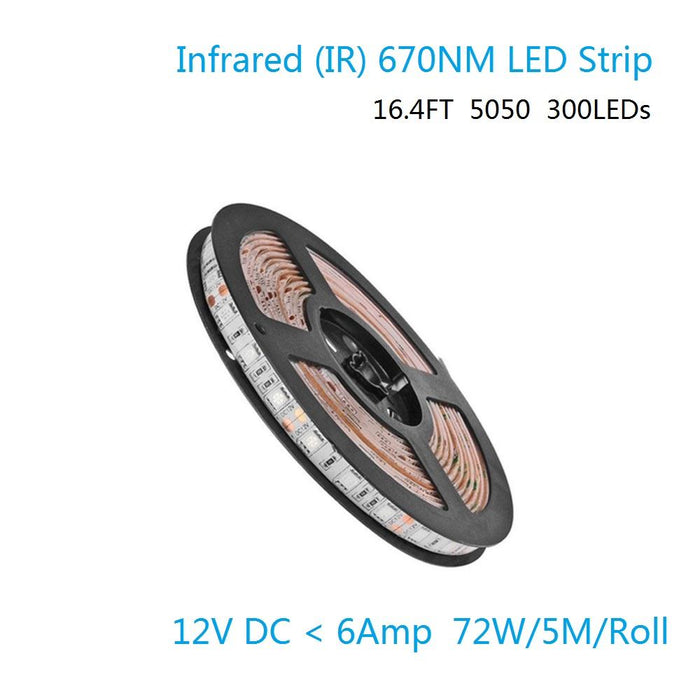 DC 12V Dimmable 670NM Red SMD5050-300 Flexible LED Strips 60 LEDs Per Meter 8mm Width 12W Per Meter - LEDStrips8