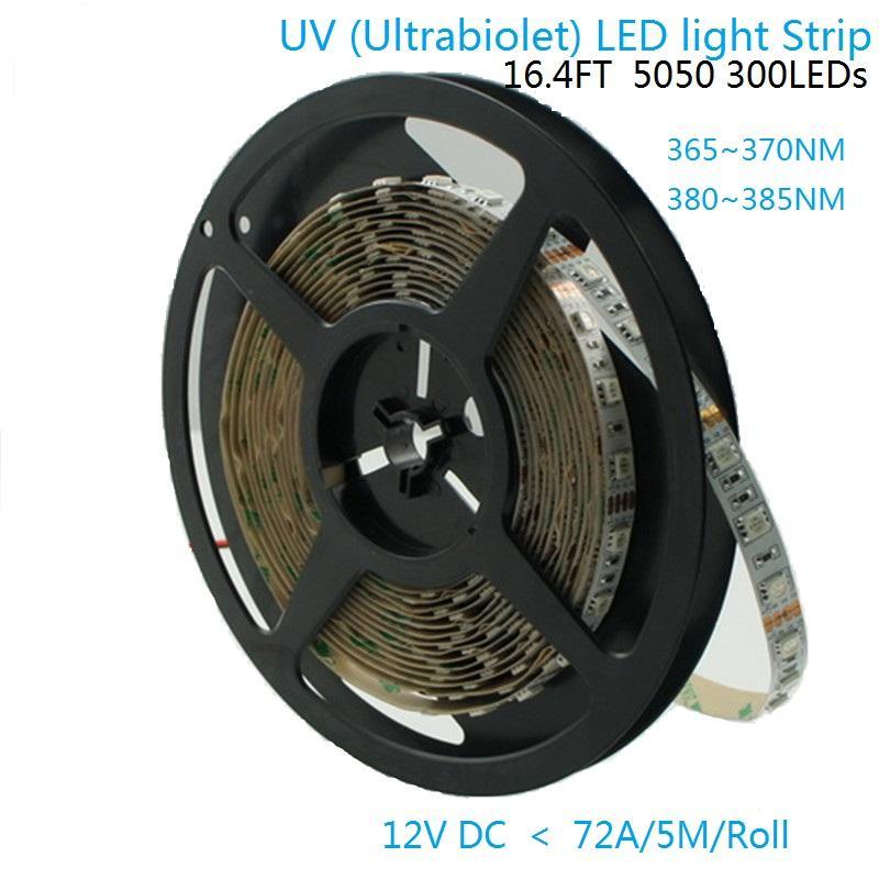 365nm & 380nm SMD5050-300 12V 6A 72W UV (Ultraviolet) LED Strip Light Flex  White PCB Ideal for UV Curing, Currency Validation, Medical Field