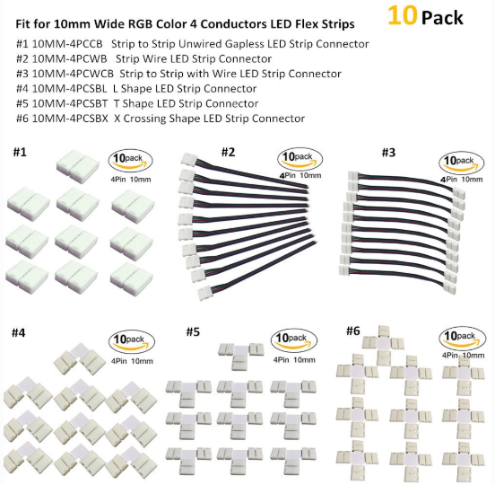 10pcs Pack Solderless Snap Down 4Conductor LED Strip Connectors for 10mm Wide SMD5050 RGB Color Flex LED Strips - LEDStrips8