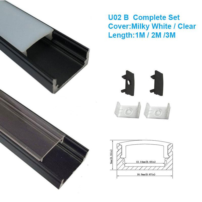 5/10/25/50 Pack Black U02 9x17mm U-Shape Internal Profile Width 12mm LED Aluminum Channel System with Cover, End Caps and Mounting Clips for LED Strip Light Installations - LEDStrips8