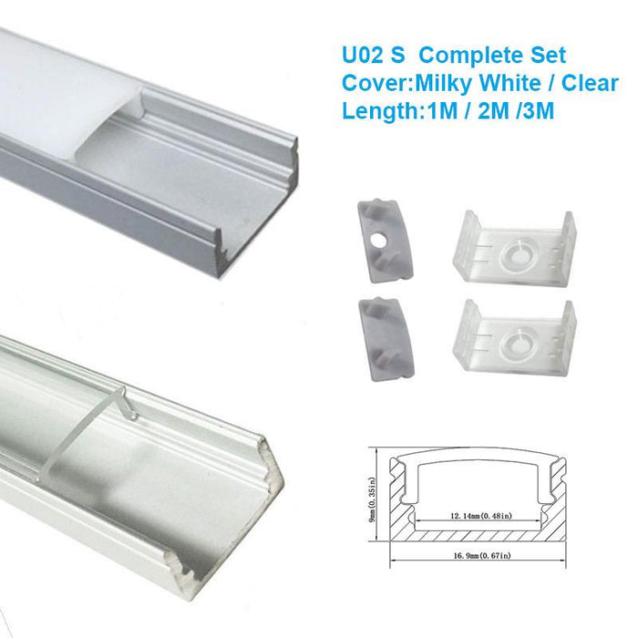 5/10/25/50 Pack Silver U02 9x17mm U-Shape Internal Profile Width 12mm LED Aluminum Channel System with Cover, End Caps and Mounting Clips for LED Strip Light Installations - LEDStrips8