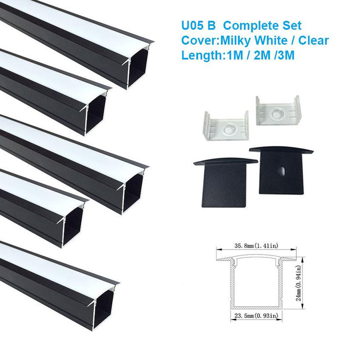5/10/25/50 Pack Black U05 36x24mm U-Shape Internal Width 20mm LED Aluminum Channel System with Cover, End Caps and Mounting Clips Aluminum Profile for LED Strip Light Installations - LEDStrips8