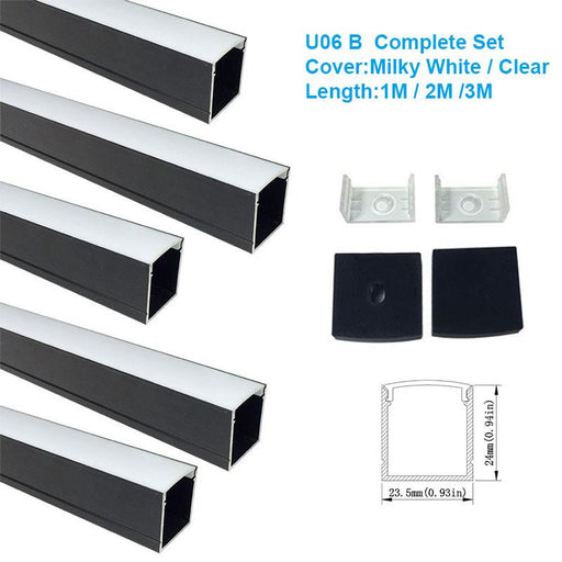 5/10/25/50 Pack Black U06 24x24mm Silver U Shape LED Aluminum Channel Internal width 20mm with White Diffuser Cover, End Caps and Mounting Clips for LED Strip Light Installations - LEDStrips8