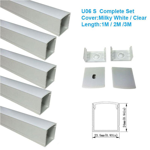 5/10/25/50 Pack Silver U06 24x24mm Silver U Shape LED Aluminum Channel Internal width 20mm with White Diffuser Cover, End Caps and Mounting Clips for LED Strip Light Installations - LEDStrips8