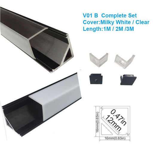 5/10/25/50 Pack Black V01 16x16mm V-Shape Vertical Angle Cover Internal Width 12mm Corner Mounting LED Aluminum Channel with End Caps and Mounting Clips Aluminum Extrusion - LEDStrips8
