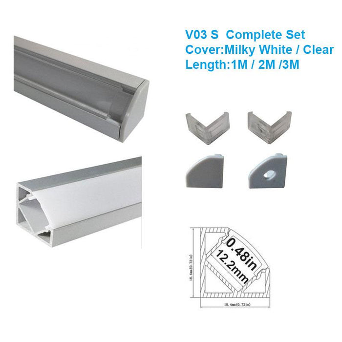 5/10/25/50 Pack Silver V03 18x18mm V-Shape Internal Width 12mm Corner Mounting LED Aluminum Channel with Oyster White Cover, End Caps and Mounting Clips for Flex/Hard LED Strip Light - LEDStrips8