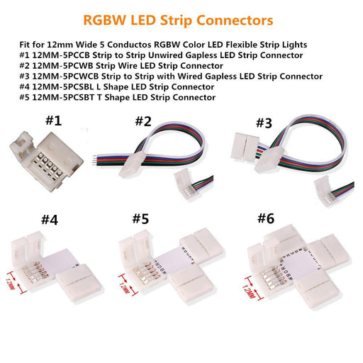 10PCS PACK RGBW LED Strip Connectors Solderless Snap Down 5Conductor Connectors for 12mm Wide SMD5050 RGBW Color Flex LED Strips - LEDStrips8